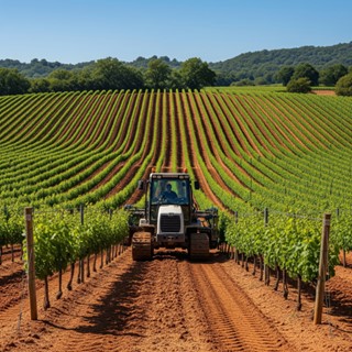 Un tracteur agricole traditionnel rouge stationné dans un vignoble, symbolisant le travail acharné du monde viticole, où le "chenillard viticole" moderne prend souvent le relais